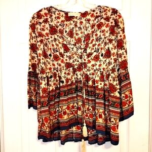 Altar'd State Boho Floral Print Blouse 3/4 Length Bell Sleeve Tunic Top Sz S